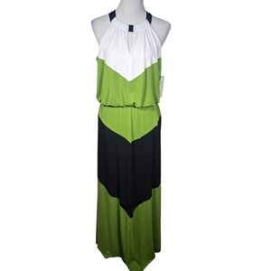 London Style Collection Medium Cactus Green Black White Maxi Dress New With Flaw